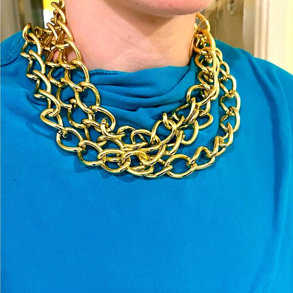 Gold tone chain necklace. Think Blake Lively at the Super Bowl